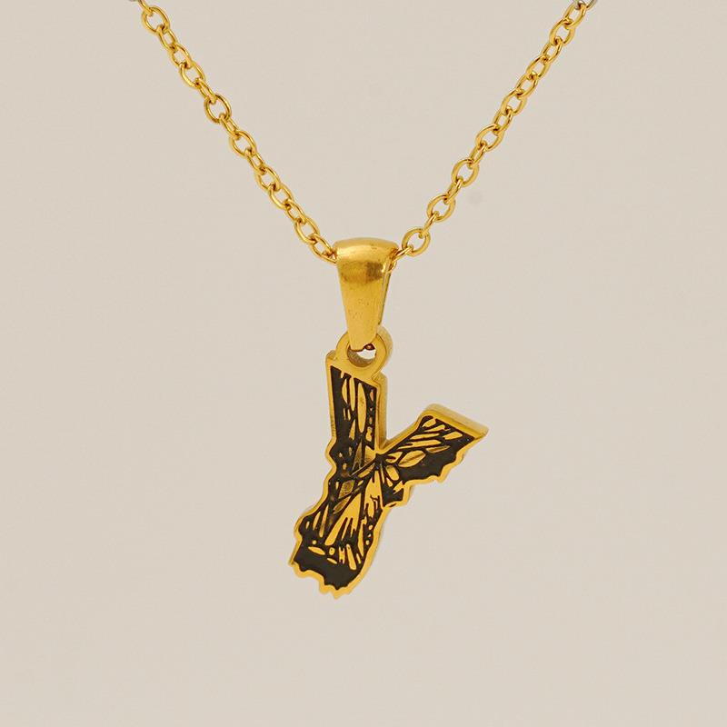 1 Piece Classic Bark Grain Unique Letter Y Stainless Steel  Gold Color Unisex Pendant Necklaces h5 